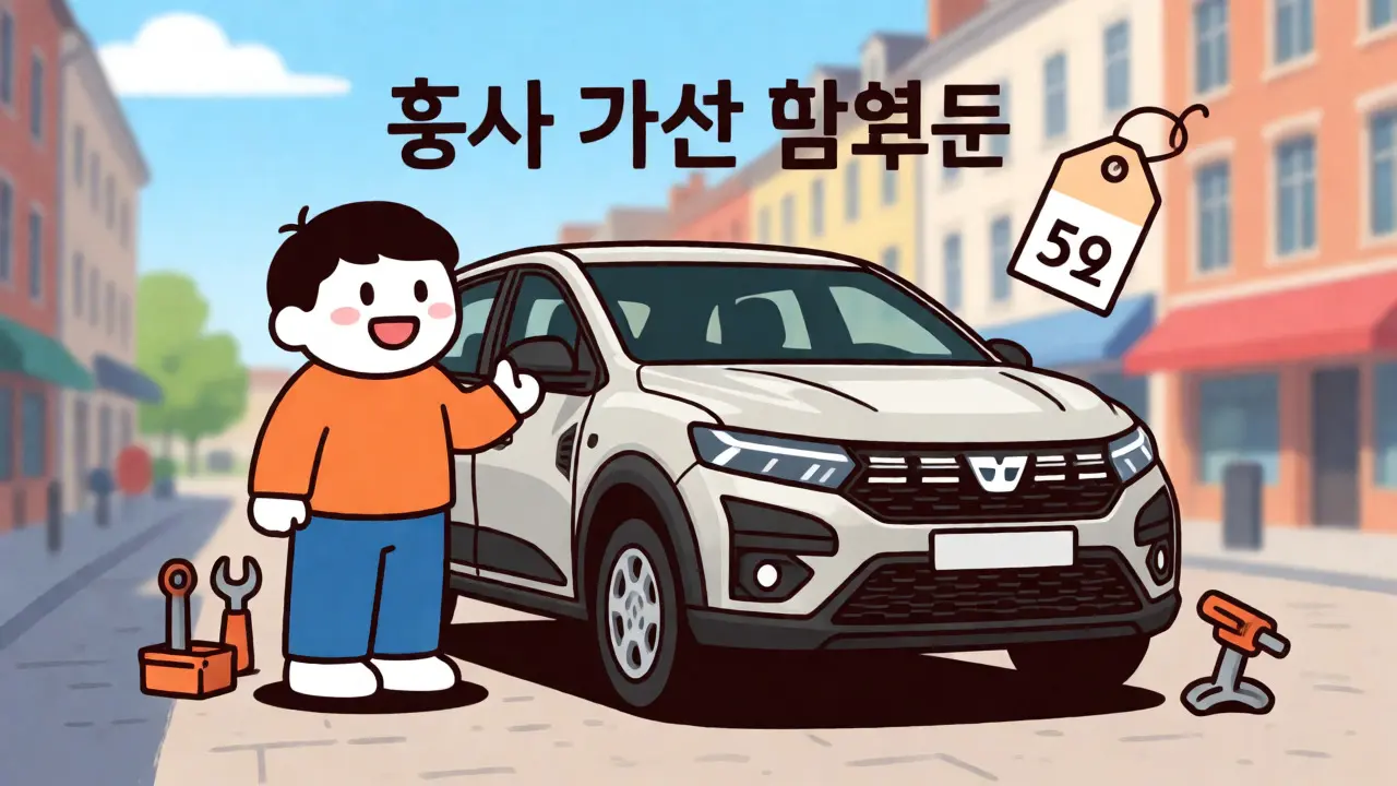 Персонаж рядом с простым автомобилем Dacia на яркой улице, символ доступности