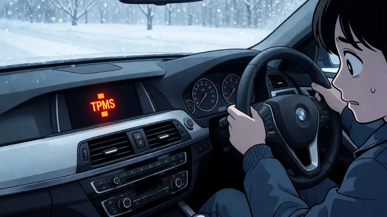 Водитель смотрит на загоревшуюся лампу TPMS зимой