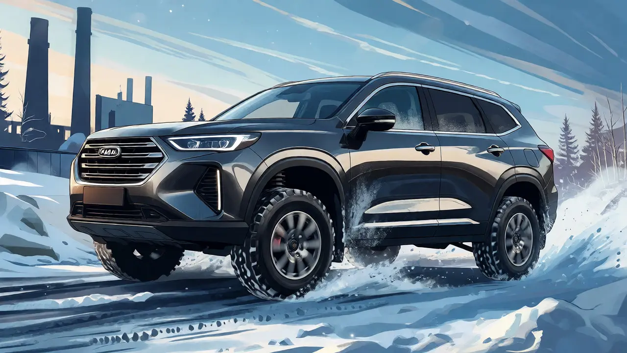 Кроссовер Haval на заснеженной дороге с заводом на заднем плане.